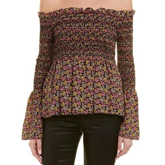 A.L.C. Agra 100% Silk Smocked Off The Shoulder Bell Sleeve Floral Print Boho Top - Picture 1 of 7